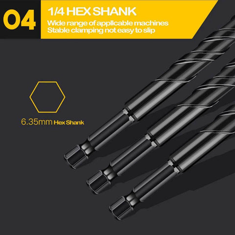 Masonry drill bit set with 1/4 inch hex shanks; black-coated bits shown for concrete, tile, brick.