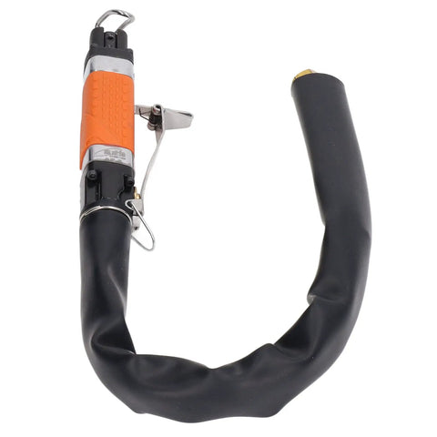 Heavy Duty Air Reciprocating File With Three Tungsten Burrs For Slick Deburring And Fast Precision Cutting At 6300 SPM Boss Level Pneumatic Grinder showing ergonomic grip and flexible hose.