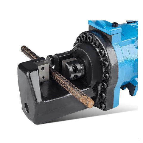 Close-up of AOXHUGB Electric Hydraulic Rebar Cutter RC-16 cutting a 16mm steel bar, showcasing clean edge and durable design.