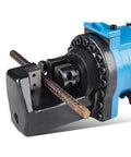 Electric Hydraulic Rebar Cutter RC-16 4-16mm showing blade action on steel rebar, designed for fast cutting at construction sites.