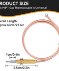 Gas Thermocouple With M8x1 End Nut And Head Tip Sensor For Outdoor Gas Setups, 60 cm Length, shown with dimensions