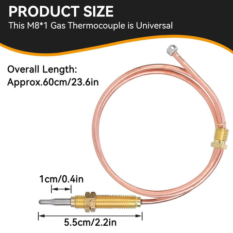 Gas Thermocouple With M8x1 End Nut And Head Tip Sensor For Outdoor Gas Setups, 60 cm Length, shown with dimensions