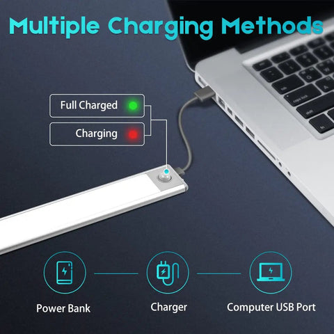 Wireless Under Cabinet Lights With Motion Sensor charging via USB with indicators showing full charge and charging modes