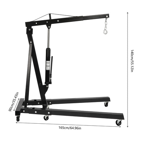 Folding Hydraulic Engine Hoist Cherry Picker 2 Ton with six wheels, 140cm height, black carbon steel construction for heavy lifting.
