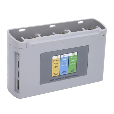 Three Battery Drone Charger Hub with Shockproof ABS Housing USB Charging Station Digital Display Simultaneous Three Battery Charging