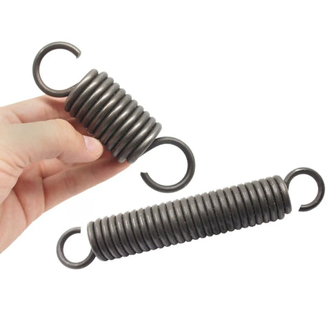 Pack Of 2 Heavy Duty Dual Hook Tension Springs In Gray And Black Featuring 3Mm Wire With 18-20Mm Outer Diameter In Hand.