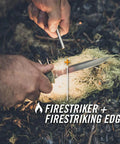 Ultimate Survival Knife With Fixed Blade And Combo Edge Fire Starter Ferro Rod Whistle And Sheath With Integrated Sharpener For Bushcraft Outdoor Camping And Hunting Gear Built Tough being used with firestriking edge to create sparks.