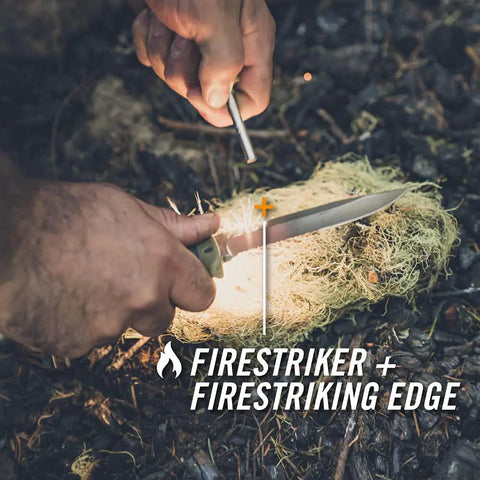 Ultimate Survival Knife With Fixed Blade And Combo Edge Fire Starter Ferro Rod Whistle And Sheath With Integrated Sharpener For Bushcraft Outdoor Camping And Hunting Gear Built Tough being used with firestriking edge to create sparks.