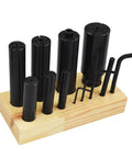 Expandable Arbor Set 1/4 To 1-1/4 Inch For Lathe And Milling Machines, 8 Piece Expansion Mandrel Kit For Chucks, Collets, Fixtures, And Grinding, Adjustable Diameter And Length, Durable Hard Alloy Construction. 8-piece set on wood stand
