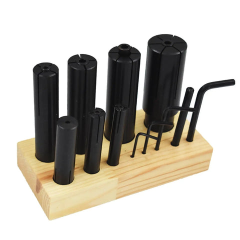 Expandable Arbor Set 1/4 To 1-1/4 Inch For Lathe And Milling Machines, 8 Piece Expansion Mandrel Kit For Chucks, Collets, Fixtures, And Grinding, Adjustable Diameter And Length, Durable Hard Alloy Construction. 8-piece set on wood stand
