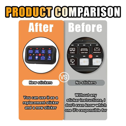 Comparison of car dash panels with and without 120 Piece Car Switch Panel Sticker Kit With 0.7 By 0.58 Inch Labels