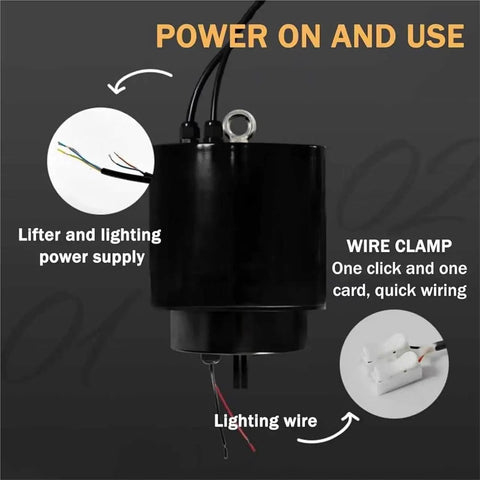 Motorized chandelier hoist lifter power supply with wiring for smart remote control, designed for high ceilings.