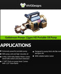 12 GPM Portable Oil Pump with custom US made Baldor motor, Viton seals, and 1 NPT ports, shown with applications listed.