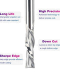 Close-up of a Two Piece Down Cut Spiral Router Bit Set Pro Grade With 1/2 Inch Shank And 1/2 Inch Cutting Diameter, highlighted features.