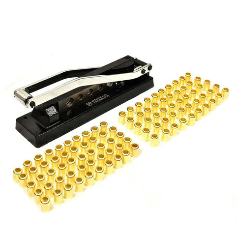 Heavy Duty Bench Crimper Kit For Hose Setups With Five Die Sizes And Ferrules Ideal For One Quarter, Five Sixteenths And Three Eighths Inch PVC And Rubber Hoses On The Bench Or On The Go, Cast Iron Frame With Heat Treated Dies And Fifty Ferrules