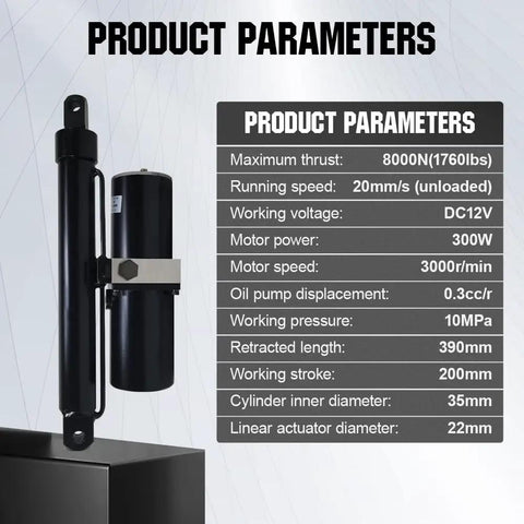 Knockout Beefy Hydraulic Linear Actuator Generating A Tough 1700 Lbs Push Force With IP65 Rain Guard Setup For Trailer Ramps Farm Tool Hauls And Job Sites, showing product parameters.