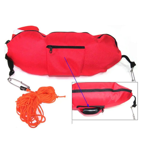 Spearfishing Torpedo Buoy with High Visibility Flag, 25m Nylon Line, PVC Bladder, Rugged Hydrodynamic Float, red with orange line