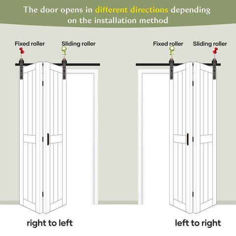 Double Bi Fold Barn Doors 42 By 84 Inches White With Hardware Track Kit Included, installation direction options shown
