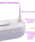 Close-up of 2 Pack 2 in 1 Automatic Needle Threaders and Seam Ripper Set in Purple showing threading instructions.