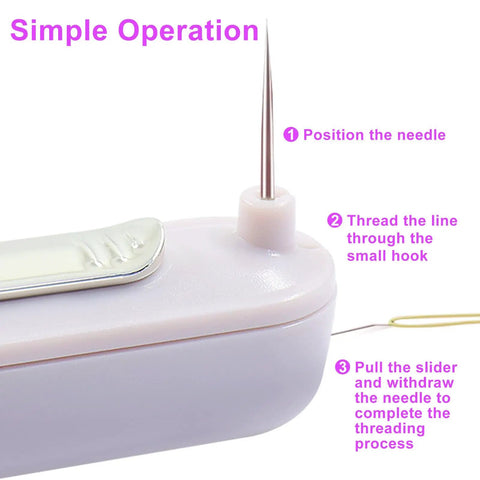 Close-up of 2 Pack 2 in 1 Automatic Needle Threaders and Seam Ripper Set in Purple showing threading instructions.