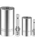 Universal Socket Set For Seven To Nineteen Millimeters And Eleven To Thirty Two Millimeters With A Multi Function Socket Tool And Drill Adapters