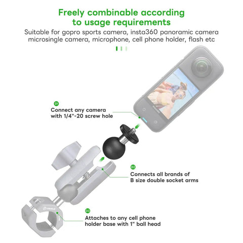 1 Inch Ball Head Mount Adapter with One Quarter Inch Twenty Threaded Stud for Action Cameras and Phone Mounts, Compatible with RAM Mount B Socket Arm, Ideal for Motorcycle Riding, Sports Photography, Dope Aluminum Build with Lifetime Warranty. 1 inch aluminum ball adapter with 1/4-20 stud for cameras and phones