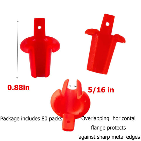 Anti-Short Bushing 5 by 16 Inch FMC Cable Bushing For 14 by 2 And 12 by 2 AC Wire, Plastic Conduit Fitting With Pull Tab, 80 Pack, red plastic bushing shown front and side view