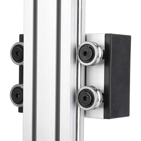 Heavy Duty NEMA 17 Linear Guide Stage Actuator Featuring 0808 Lead Screw Rail close-up view of bearings and aluminum rail.
