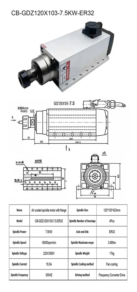 7.5KW CNC Spindle Motor 380V ER32 with precision bearings designed for high-speed woodworking and metal carving.