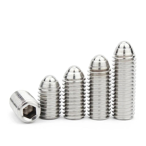 Drop In Ready 304 Stainless Steel Spring Ball Plunger Set Screw With Knurled Hex Shaft, various sizes shown.