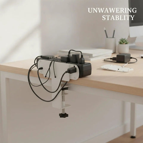 Carbon Steel Power Strip Mount Wall And Desk Bracket for Surge Protectors holding cables and power bricks securely on desk