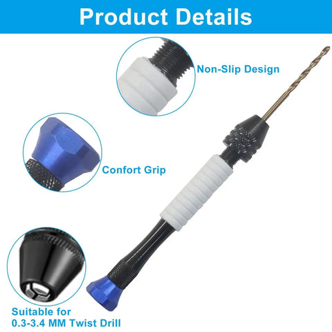 Micro Hand Drill Set With Pin Vise And 56 Precision Bits PCB Cutting Bits And Resin Polymer Clay Jewelry Making Tools For DIY Crafting Ergonomic Aluminum Hand Drill In Black showcasing comfort grip and non-slip design