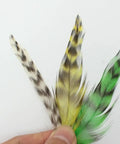 Natural Grizzly Rooster Hackle Feathers For Fly Tying Dope 30 Pcs Set White Yellow Green 10 To 15 Cm Long close-up view