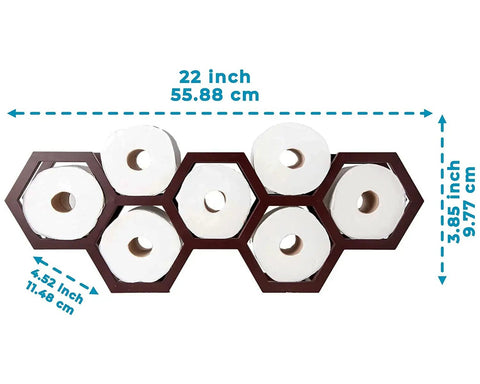 Top view of Honeycomb Floating Toilet Paper Holder And Wall Mounted Shelf in dark brown Paulownia wood with size dimensions.