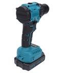 Heavy Duty Brushless Cordless Drill Kit Featuring A Badass 3/8 Inch Keyless Metal Chuck And 25 Position Clutch For Nasty Jobs And Durable Performance Straight Up Built For Every Home Reno Project showing a blue drill with a battery.