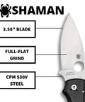 Shaman Folding Pocket Knife With 3.5 Inch CPM S30V Steel Blade showing full-flat grind and G10 handle features