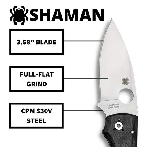 Shaman Folding Pocket Knife With 3.5 Inch CPM S30V Steel Blade showing full-flat grind and G10 handle features