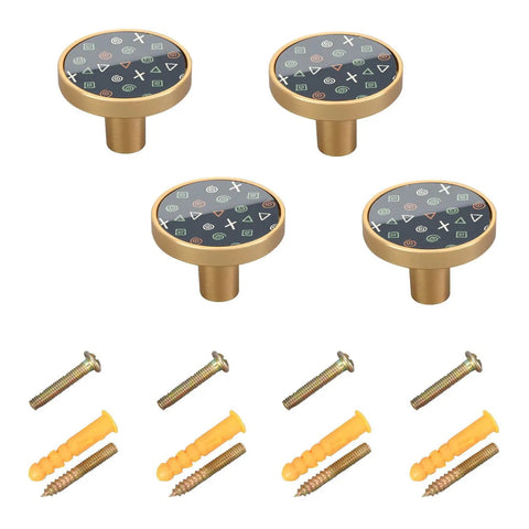 Gold Cartoon Doodles Drawer Knobs Four Pack Round Cabinet Knobs Pulls For Kitchen Cabinets in acrylic and zinc, with screws.