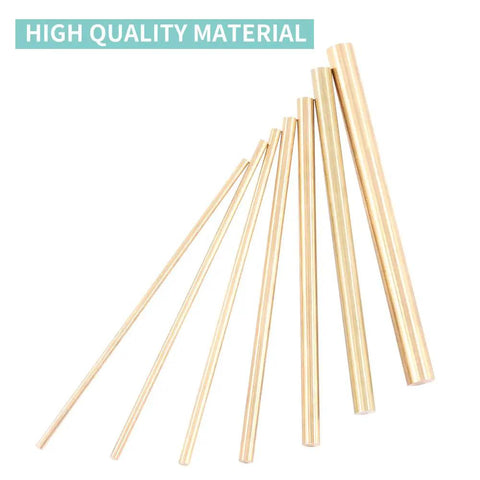 DIY Metal Rod Set 21 Pcs Brass, Stainless Steel, Aluminum Lathe Bar Stock showing brass rods against white background
