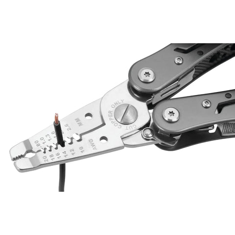13-In-1 Electrician Multi-Tool for Wiring Projects with Wire Strippers, Long Nose Pliers, and Cutters in use on AWG wire