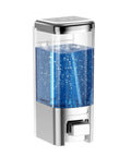 Wall Mounted Soap Dispenser For Kitchen And Bathroom With Zero Fuss No Drip Nozzle Holds 17 Oz Liquid Gel Shampoo Sanitizer, blue liquid inside.