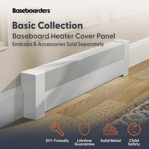 Slip On 5 Foot Galvanized Steel Baseboard Heater Cover White Rust Resistant For Hydronic Hot Water Systems in a room.