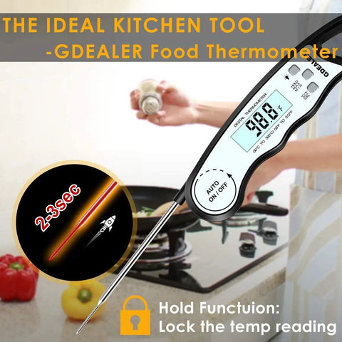 Digital Instant Read Meat Thermometer With 4.6 Inch Folding Probe, Ultra Fast 2 to 4 Sec Read Time, shown with kitchen usage.