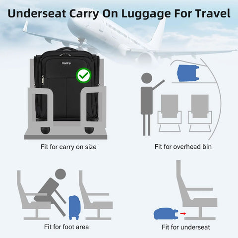 HanTrip 16-inch underseat luggage, black softside wheeled bag with front pocket
