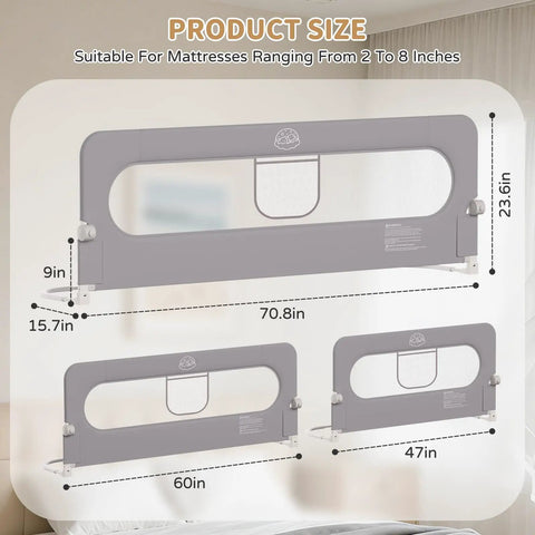 Toddler Bed Rail Guard, 47 Inch Foldable Bed Rail For Baby, product dimensions displayed with reinforced carbon steel frame.