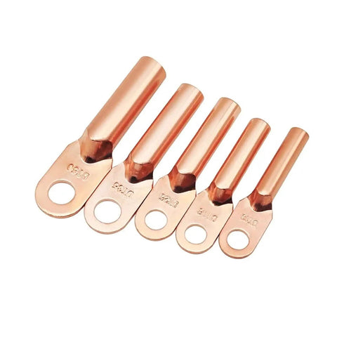 Heavy Duty Cold Crimp Fork Terminals, Uninsulated DT35 Wire Connectors, copper splices pack of five for automotive wiring.