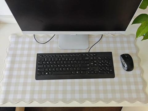 Scalloped Beige Checkered Gingham Desk Pad Large Mouse Pad For Keyboard And Computer, Cozy Cottagecore Vibe Vintage Rustic Aesthetic Office Mat, 31 By 15.7 Inches in use with keyboard and monitor on top.