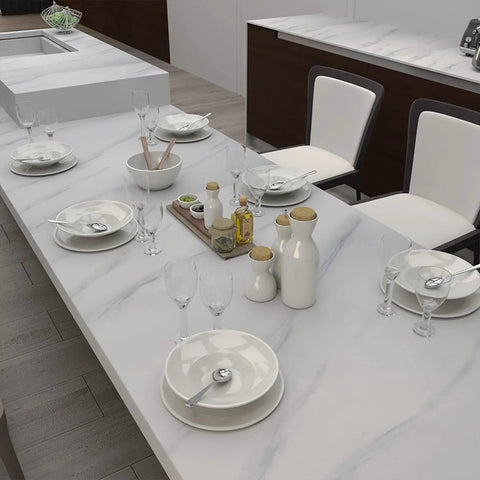 Wide Milk White Marble Wallpaper Easy Peel And Stick 24 Inch By 394 Inch Roll Glossy Thickened Waterproof Adhesive on dining table