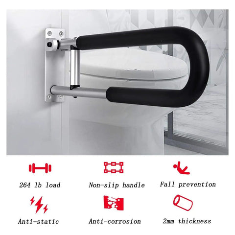 Fold Down Grab Bar 24 Inch Flip Up Handicap Support Wall Mounted Shower Safety Bar With Non Slip Grips beside toilet