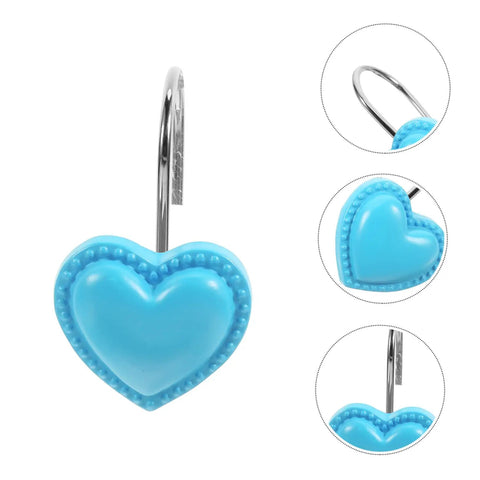 Heart Pendant Shower Curtain Hooks 12 Piece Set Retro Resin Rod Hangers with easy glide in blue